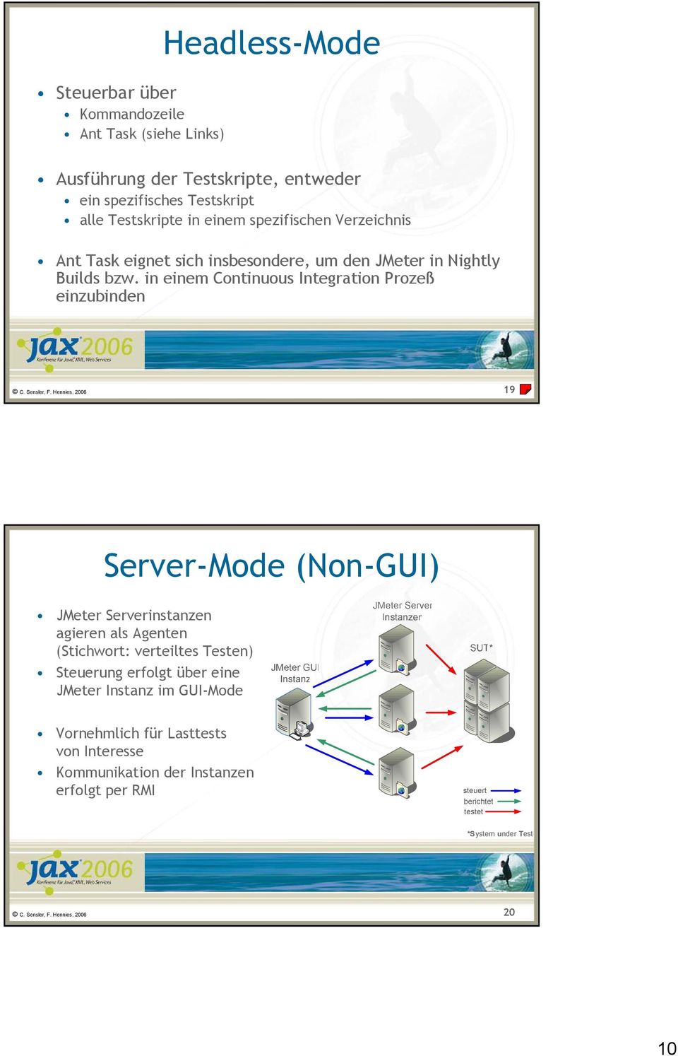 in einem Continuous Integration Prozeß einzubinden 19 Server-Mode (Non-GUI) JMeter Serverinstanzen agieren als Agenten (Stichwort: verteiltes