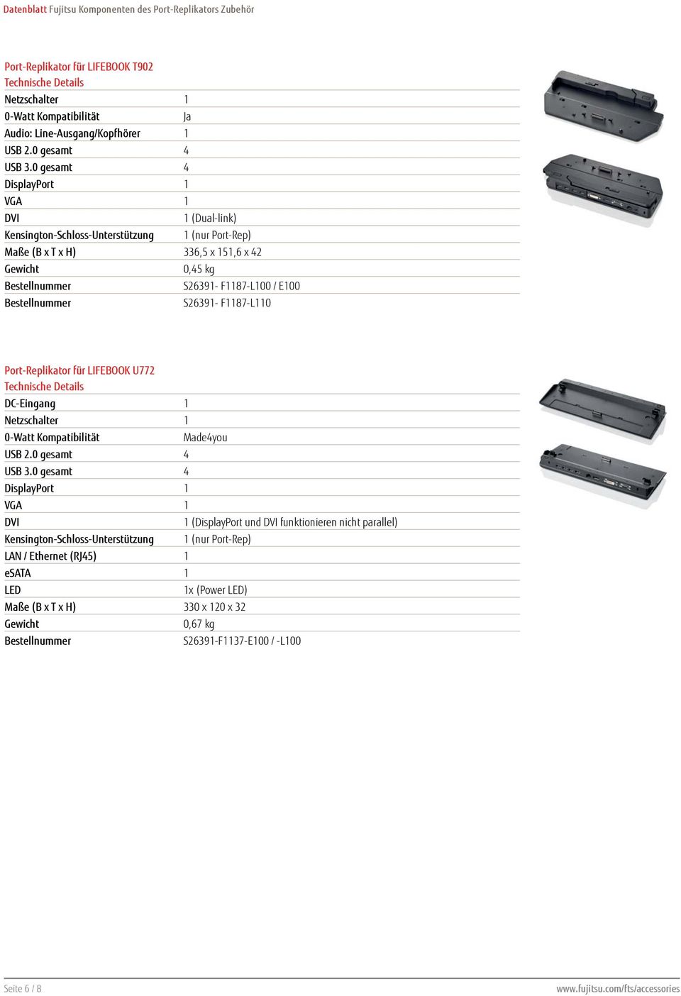 0,45 kg S26391- F1187-L100 / E100 S26391- F1187-L110 Port-Replikator für LIFEBOOK U772 Made4you USB 3.