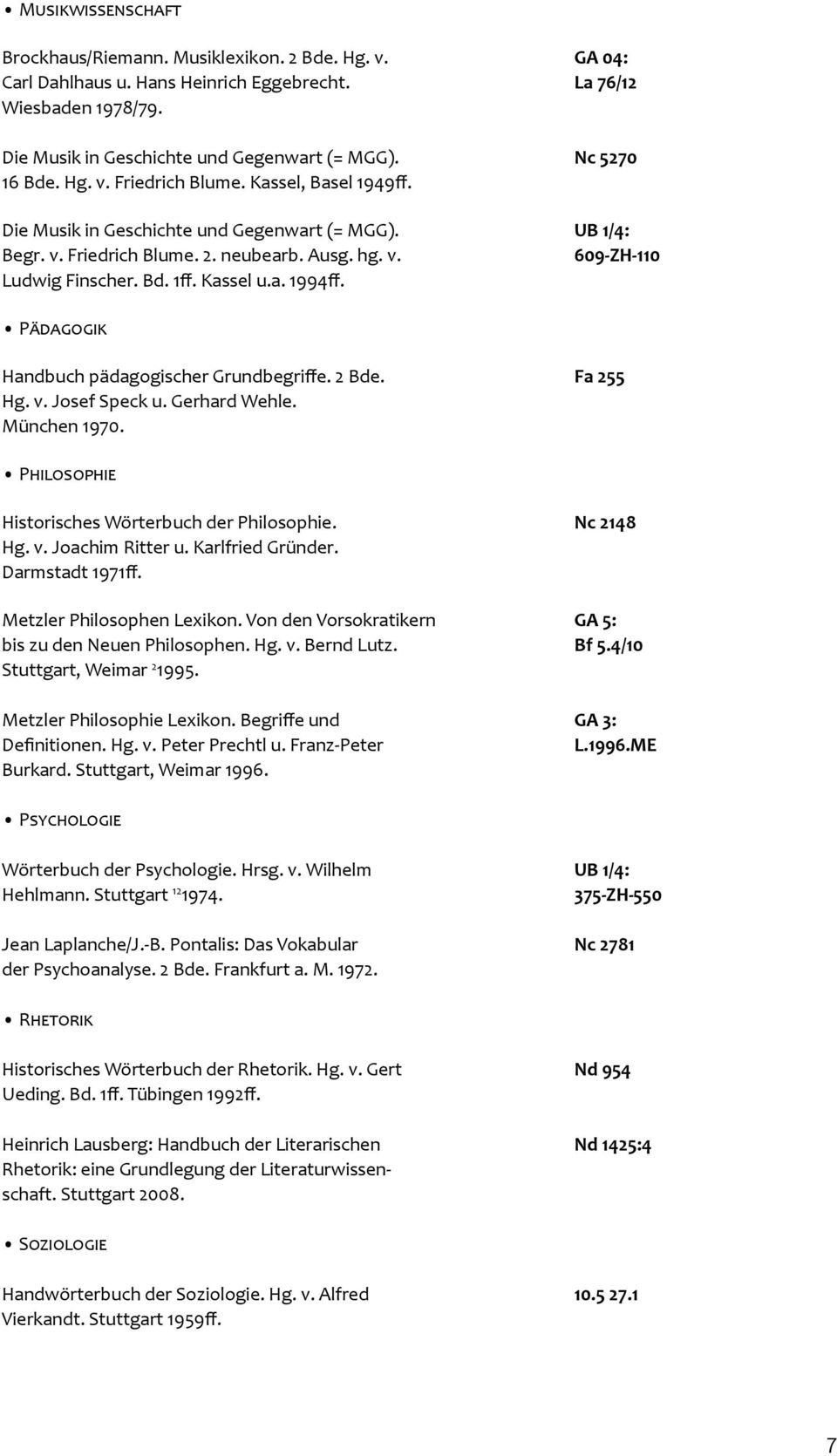 Kassel u.a. 1994ff. Pädagogik Handbuch pädagogischer Grundbegriffe. 2 Bde. Fa 255 Hg. v. Josef Speck u. Gerhard Wehle. München 1970. Philosophie Historisches Wörterbuch der Philosophie. Nc 2148 Hg. v. Joachim Ritter u.