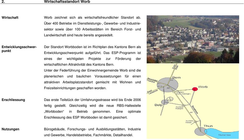 Entwicklungsschwerpunkt Der Standort Worbboden ist im Richtplan des Kantons Bern als Entwicklungsschwerpunkt aufgeführt.