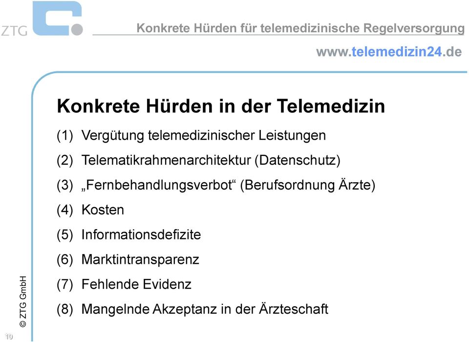 (3) Fernbehandlungsverbot (Berufsordnung Ärzte) (4) Kosten (5) Informationsdefizite (6)