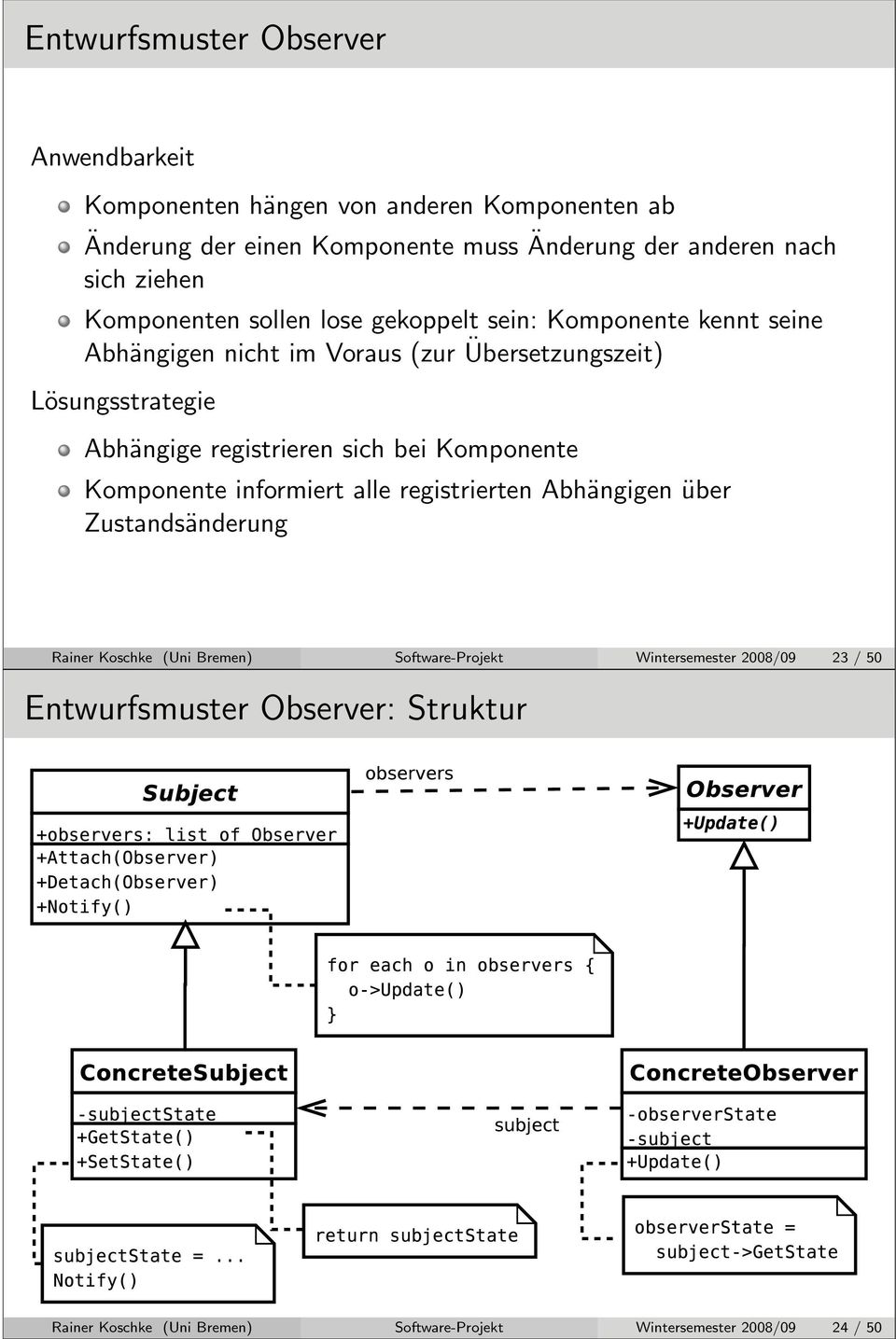Abhängige registrieren sich bei Komponente Komponente informiert alle registrierten Abhängigen über Zustandsänderung Rainer Koschke (Uni Bremen)
