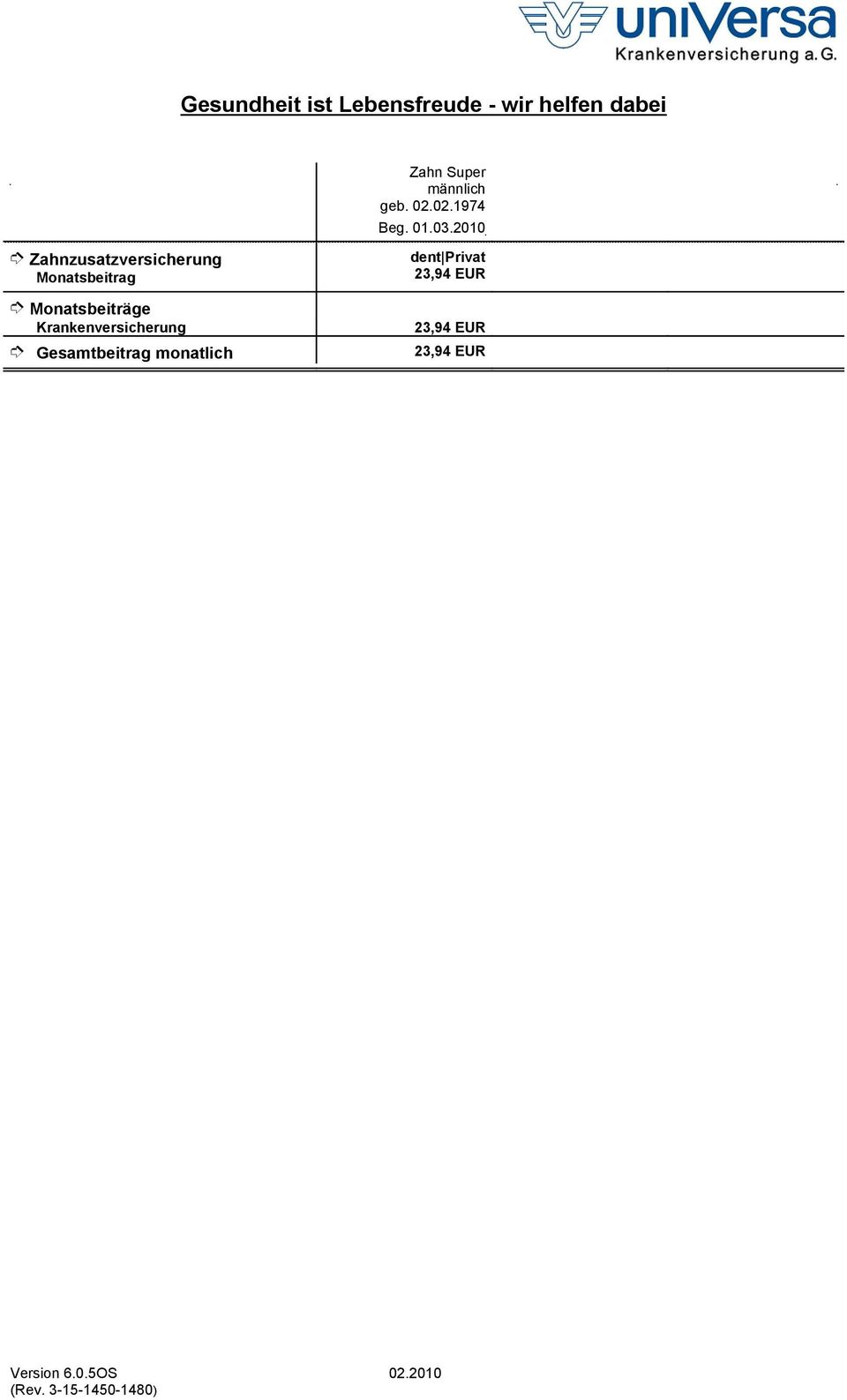 2010 Zahnzusatzversicherung Monatsbeitrag