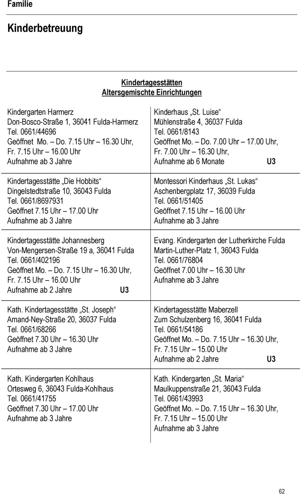 Kindergarten Kohlhaus Ortesweg 6, 36043 Fulda-Kohlhaus Tel. 0661/41755 Kinderhaus St. Luise Mühlenstraße 4, 36037 Fulda Tel. 0661/8143 Fr. 7.00 Uhr 16.
