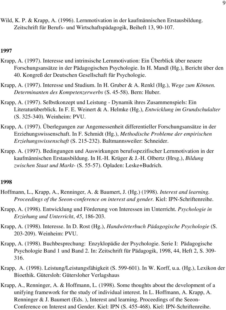 Kongreß der Deutschen Gesellschaft für Psychologie. Krapp, A. (1997). Interesse und Studium. In H. Gruber & A. Renkl (Hg.), Wege zum Können. Determinanten des Kompetenzerwerbs (S. 45-58). Bern: Huber.
