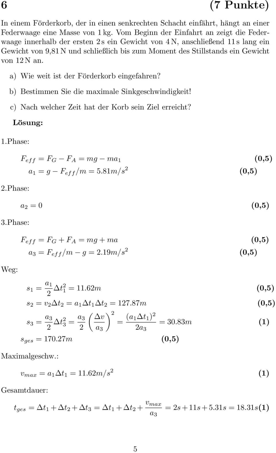 von 1 N an. a) Wie weit ist der Förderkorb eingefahren? b) Bestimmen Sie die maximale Sinkgeschwindigkeit! c) Nach welcher Zeit hat der Korb sein Ziel erreicht? 1.Phase:.Phase: 3.