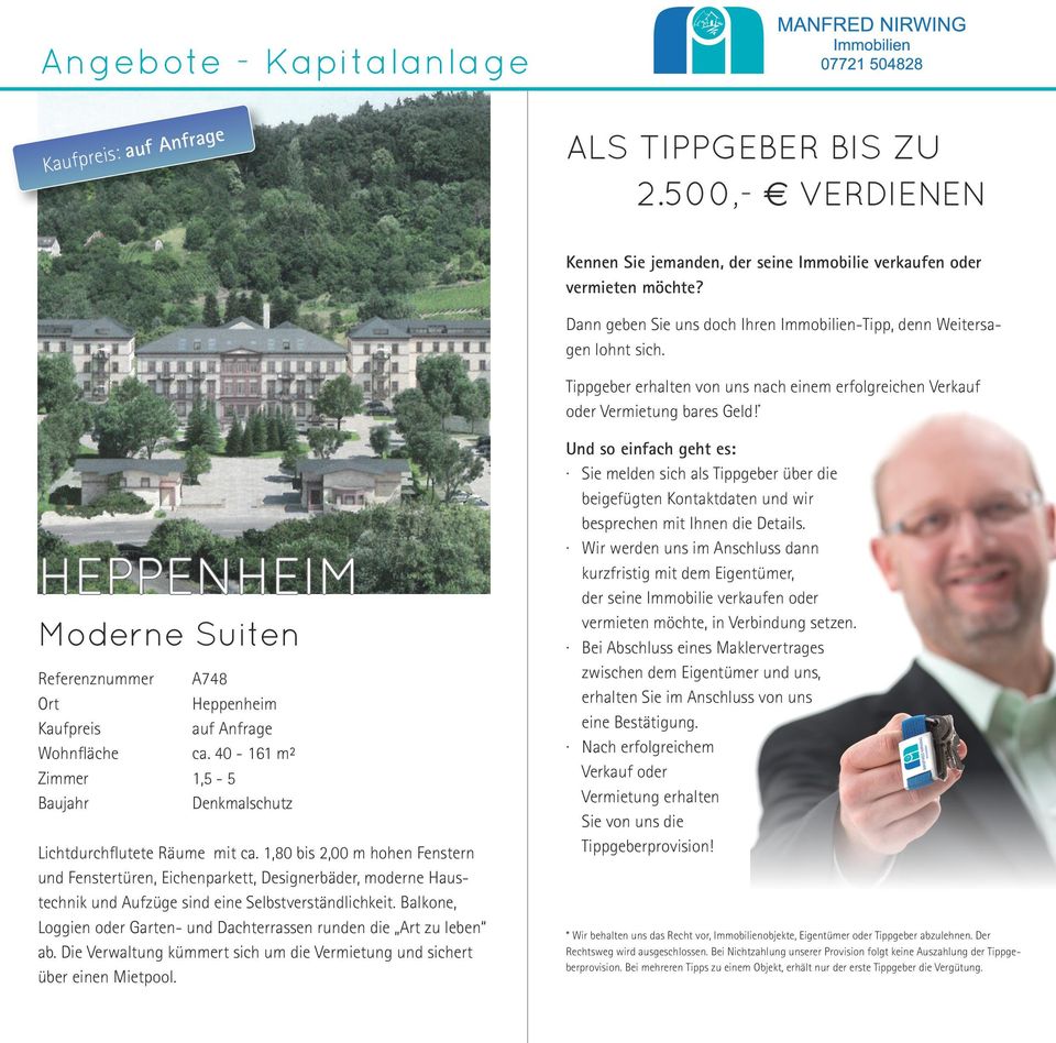 * Heppenheim Moderne Suiten Referenznummer A748 Heppenheim Kaufpreis auf Anfrage Wohnfläche ca. 40-161 m² Zimmer 1,5-5 Baujahr Denkmalschutz Lichtdurchflutete Räume mit ca.