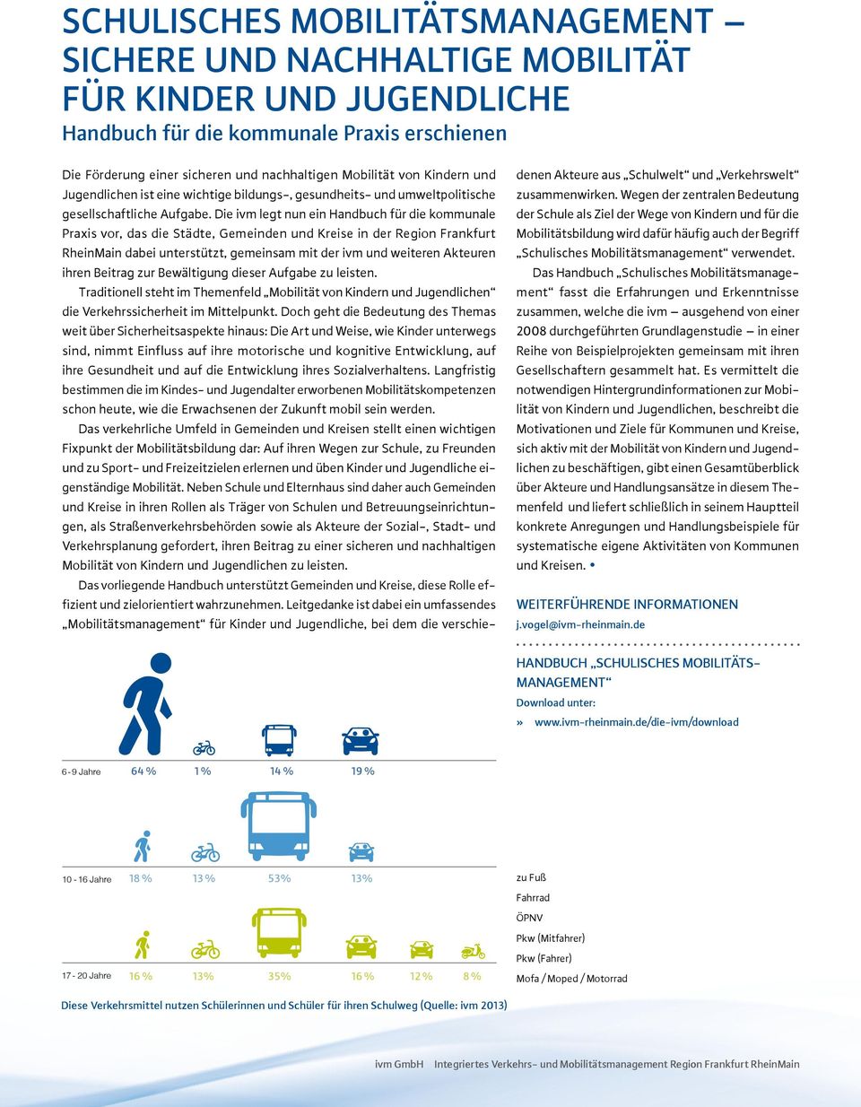 Das Handbuch Schulisches Mobilitätsmanagement fasst die Erfahrungen und Erkenntnisse zusammen, welche die ivm ausgehend von einer 2008 durchgeführten Grundlagenstudie in einer Reihe von