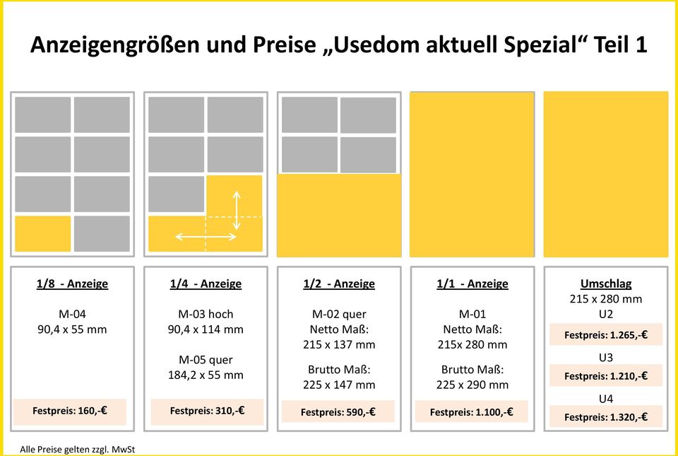 Maß: 225 x 147 mm Festpreis: 590,- 1/1 - Anzeige M-01 Netto Maß: 215x 280 mm Brutto Maß: 225 x 290 mm Festpreis: 1.