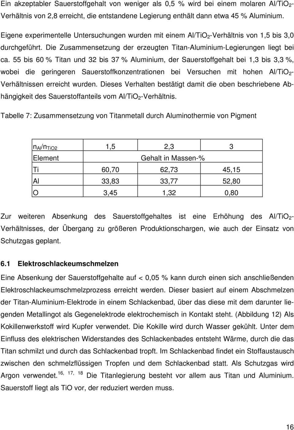 55 bis 60 % Titan und 32 bis 37 % Aluminium, der Sauerstoffgehalt bei 1,3 bis 3,3 %, wobei die geringeren Sauerstoffkonzentrationen bei Versuchen mit hohen Al/TiO 2 - Verhältnissen erreicht wurden.