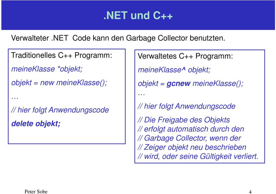 objekt; Verwaltetes C++ Programm: meineklasse^ objekt; objekt = gcnew meineklasse(); // hier folgt Anwendungscode //