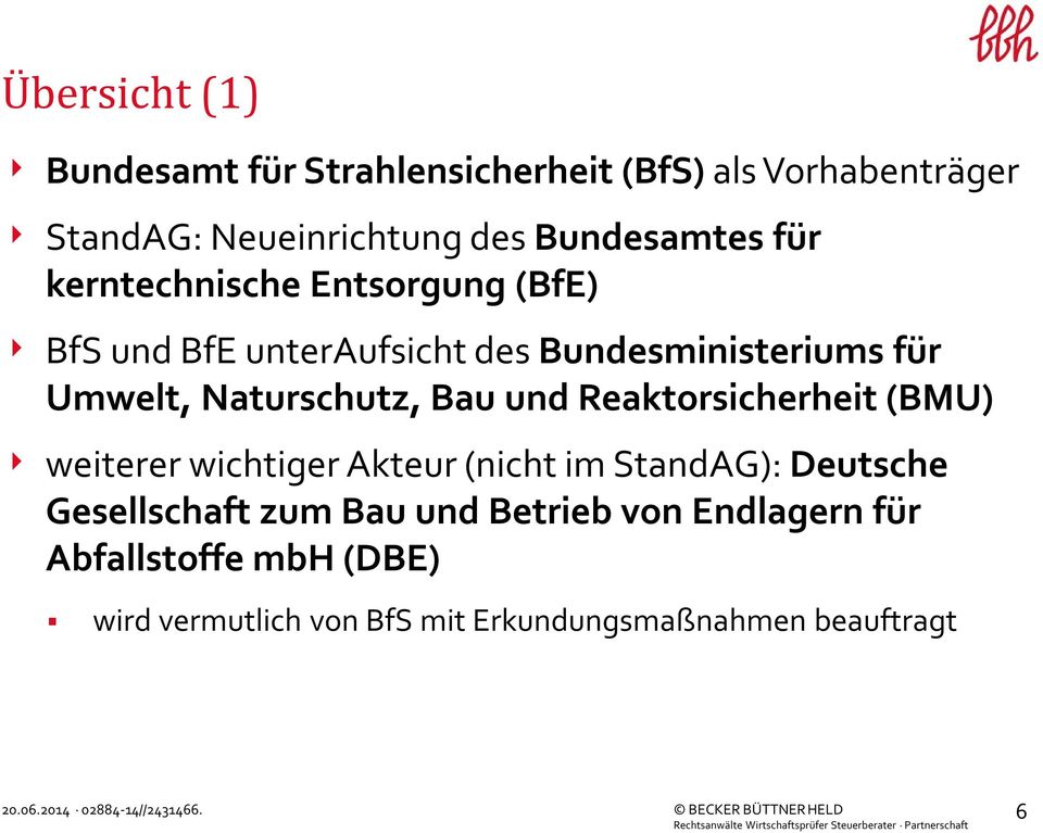 Naturschutz, Bau und Reaktorsicherheit (BMU) 4 weiterer wichtiger Akteur (nicht im StandAG): Deutsche