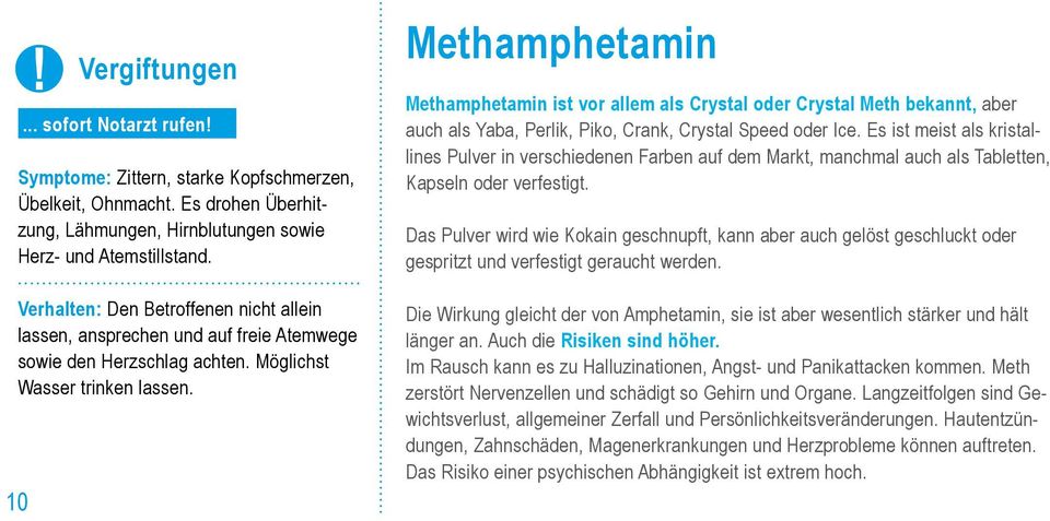 10 Methamphetamin Methamphetamin ist vor allem als Crystal oder Crystal Meth bekannt, aber auch als Yaba, Perlik, Piko, Crank, Crystal Speed oder Ice.
