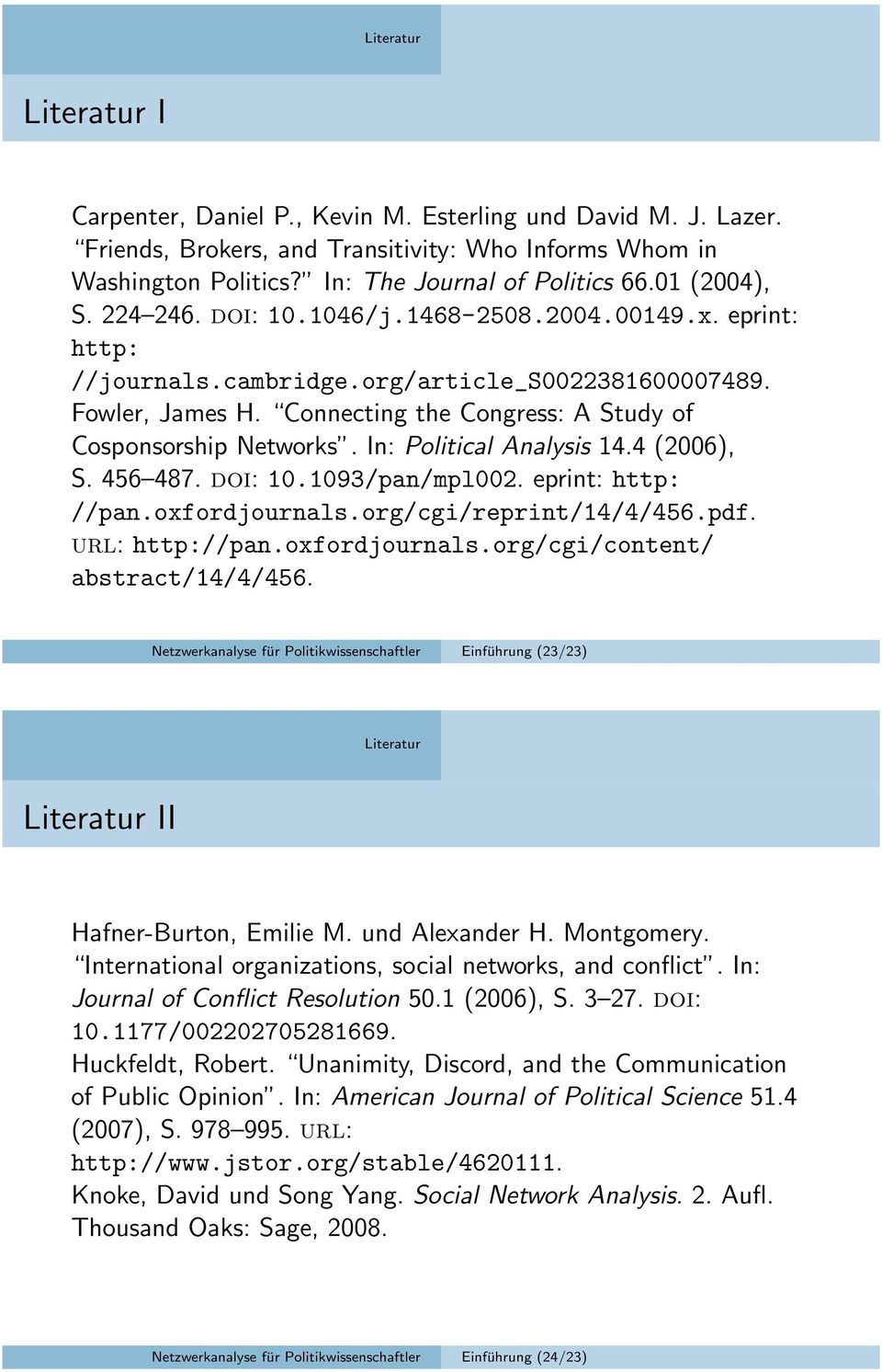 Connecting the Congress: A Study of Cosponsorship Networks. In: Political Analysis 14.4 (2006), S. 456 487. doi: 10.1093/pan/mpl002. eprint: http: //pan.oxfordjournals.org/cgi/reprint/14/4/456.pdf.