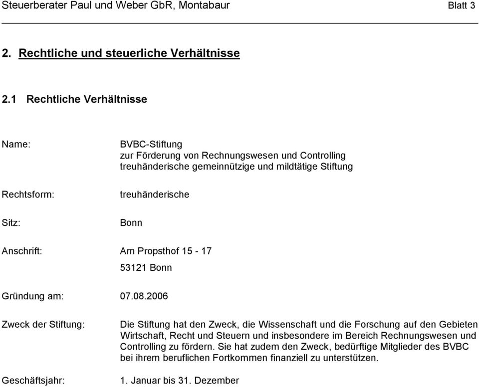 treuhänderische Bonn Anschrift: Am Propsthof 15-17 53121 Bonn Gründung am: 07.08.