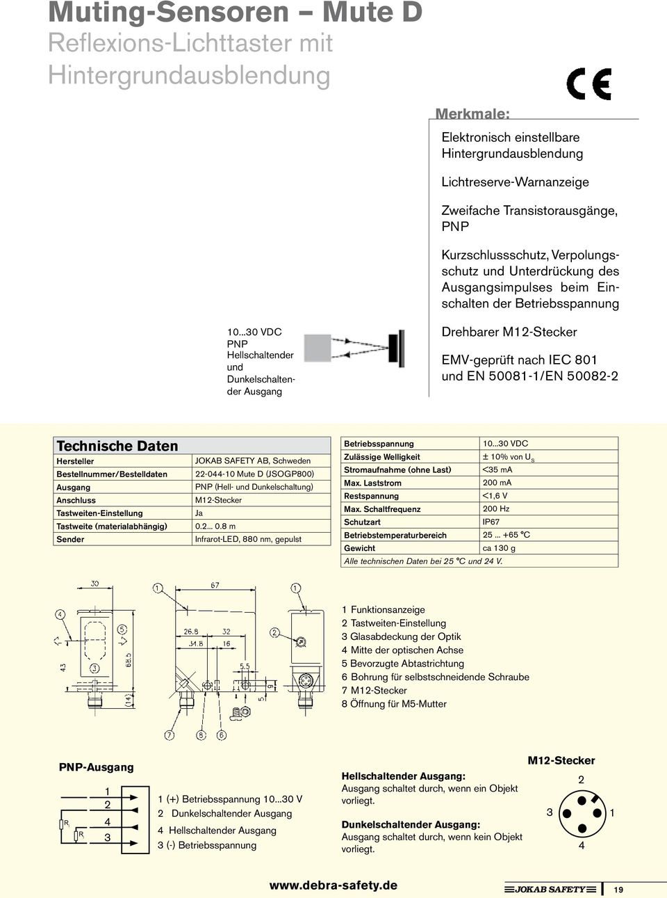 ..30 VDC PNP Hellschaltender und Dunkelschaltender Ausgang Drehbarer M12-Stecker EMV-geprüft nach IEC 801 und EN 50081-1/EN 50082-2 Technische Daten Hersteller Bestellnummer/Bestelldaten Ausgang
