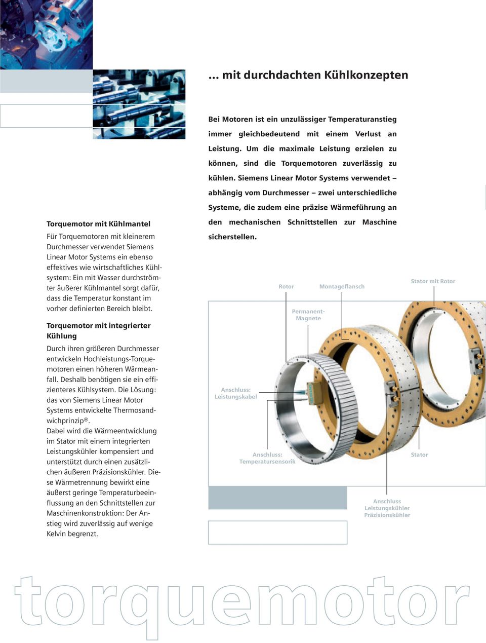 Siemens Linear Motor Systems verwendet abhängig vom Durchmesser zwei unterschiedliche Systeme, die zudem eine präzise Wärmeführung an Torquemotor mit Kühlmantel Für Torquemotoren mit kleinerem