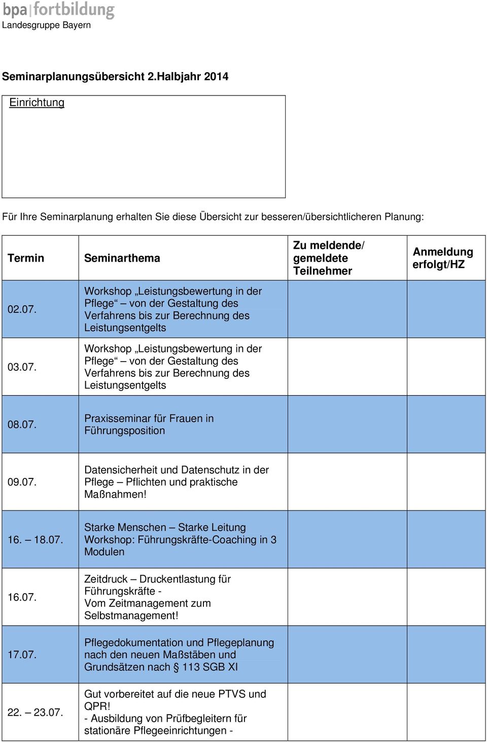Workshop Leistungsbewertung in der Pflege von der Gestaltung des Verfahrens bis zur Berechnung des Leistungsentgelts 03.07.