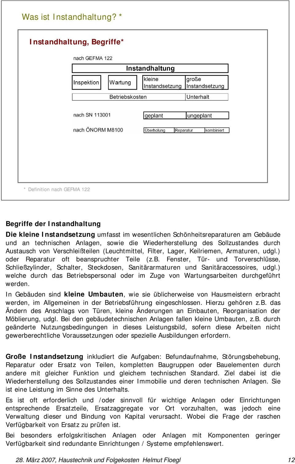 sowie die Wiederherstellung des Sollzustandes durch Austausch von Verschleißteilen (Leuchtmittel, Filter, Lager, Keilriemen, Armaturen, udgl.) oder Reparatur oft be