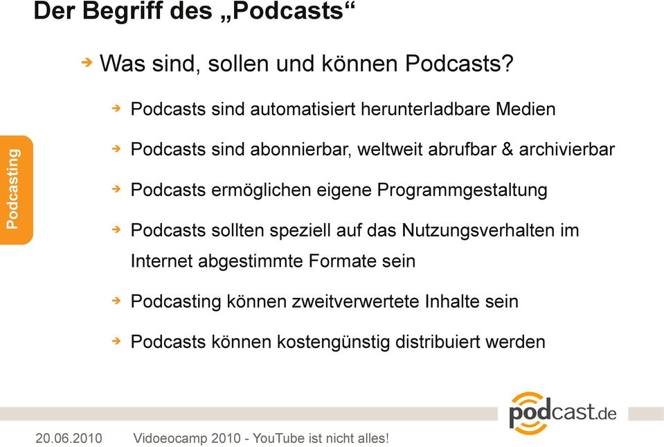 abrufbar & archivierbar Podcasts ermöglichen eigene Programmgestaltung Podcasts sollten speziell auf das