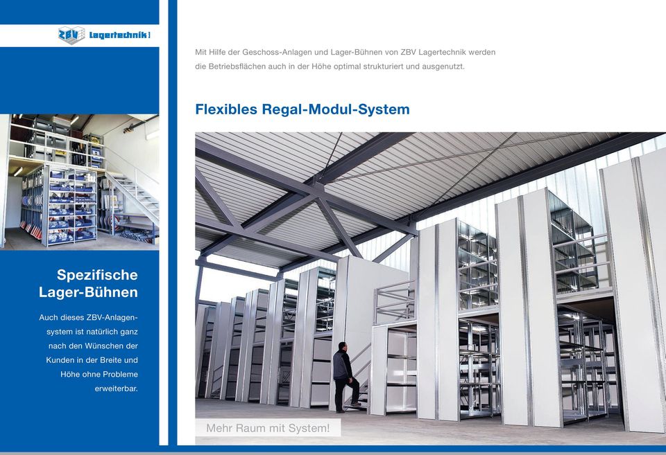 Flexibles Regal-Modul-System Spezifische Lager-Bühnen Auch dieses ZBV-Anlagensystem ist