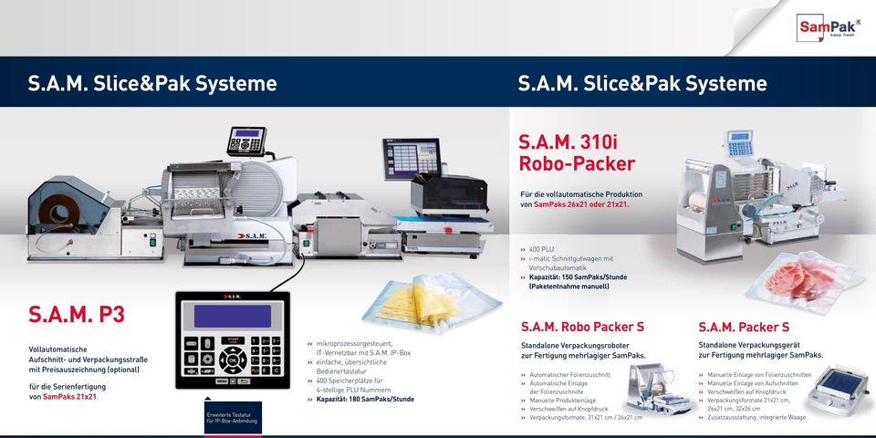 P3 S.A.M. Robo Packer S S.A.M. Packer S Vollautomatische Aufschnitt- und Verpackungsstraße mit Preisauszeichnung (optional) für die Serienfertigung von SamPaks 21x21.
