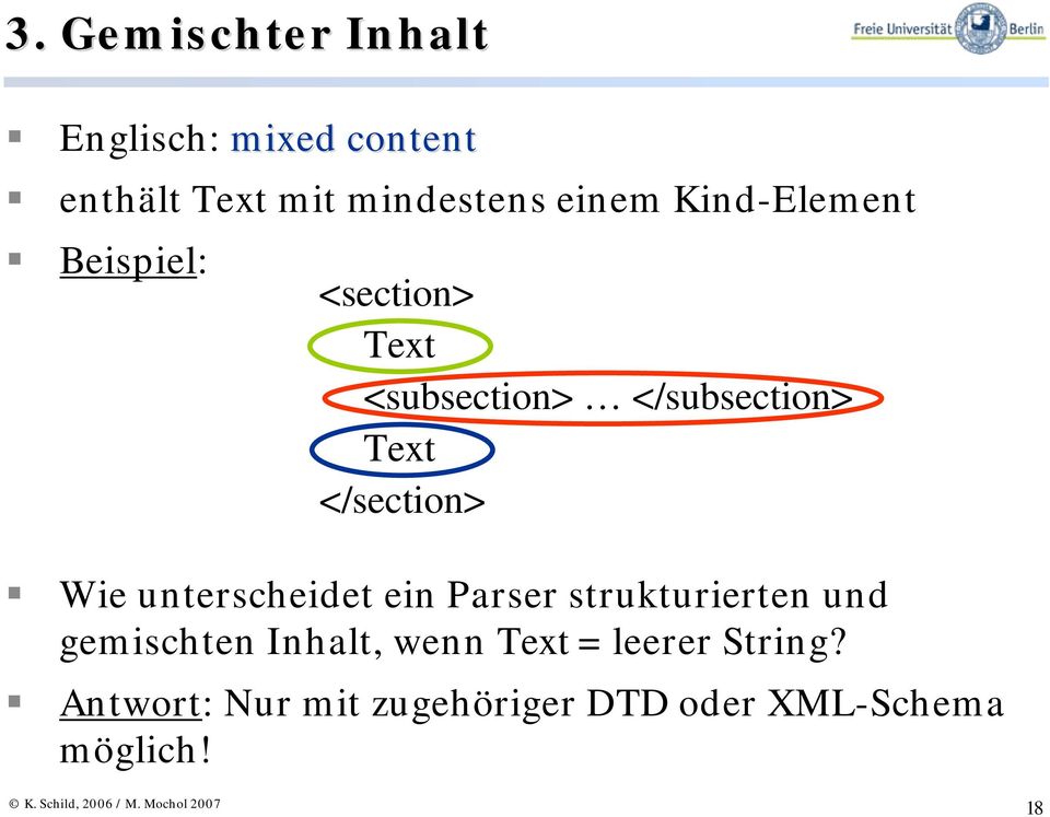 </section> Wie unterscheidet ein Parser strukturierten und gemischten Inhalt,