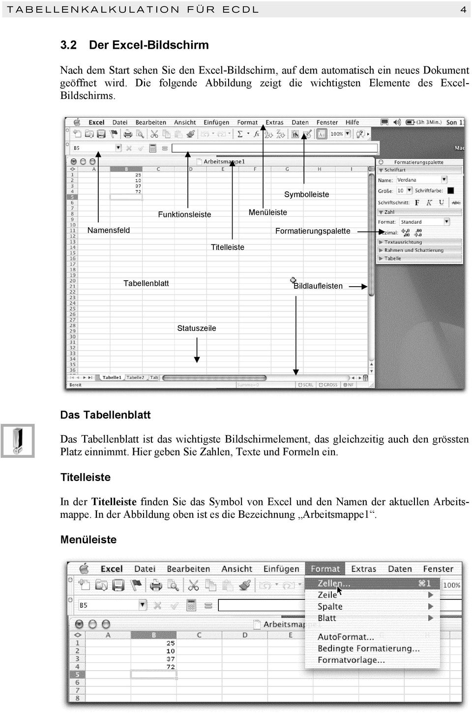 Symbolleiste Funktionsleiste Menüleiste Namensfeld Formatierungspalette Titelleiste Tabellenblatt Bildlaufleisten Statuszeile Das Tabellenblatt Das Tabellenblatt ist das