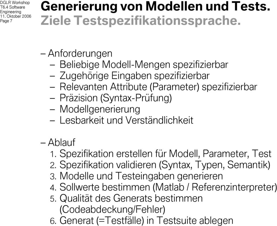 Präzision (Syntax-Prüfung) Modellgenerierung Lesbarkeit und Verständlichkeit Ablauf 1. Spezifikation erstellen für Modell, Parameter, Test 2.