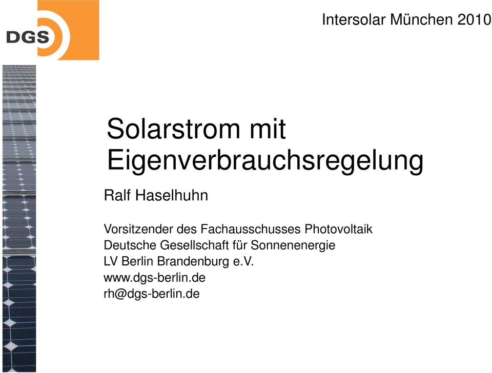 Fachausschusses Photovoltaik Deutsche Gesellschaft für