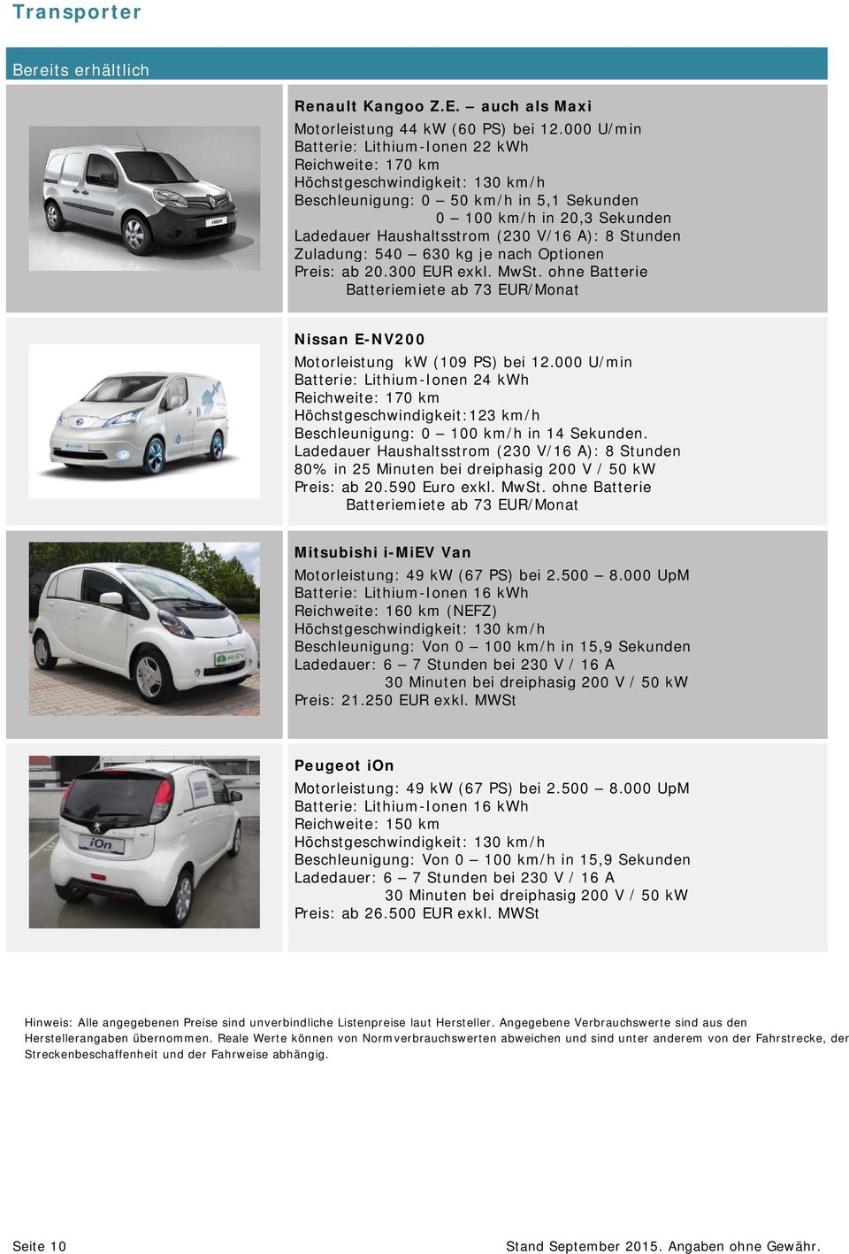 je nach Optionen Preis: ab 20.300 EUR exkl. MwSt. ohne Batterie Batteriemiete ab 73 EUR/Monat Nissan E-NV200 Motorleistung kw (109 PS) bei 12.