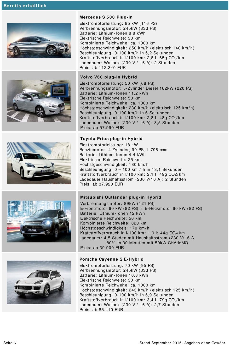 340 EUR Volvo V60 plug-in Hybrid Elektromotorleistung: 50 kw (68 PS) Verbrennungsmotor: 5-Zylinder Diesel 162kW (220 PS) Batterie: Lithium-Ionen 11,2 kwh Höchstgeschwindigkeit: 230 km/h (elektrisch