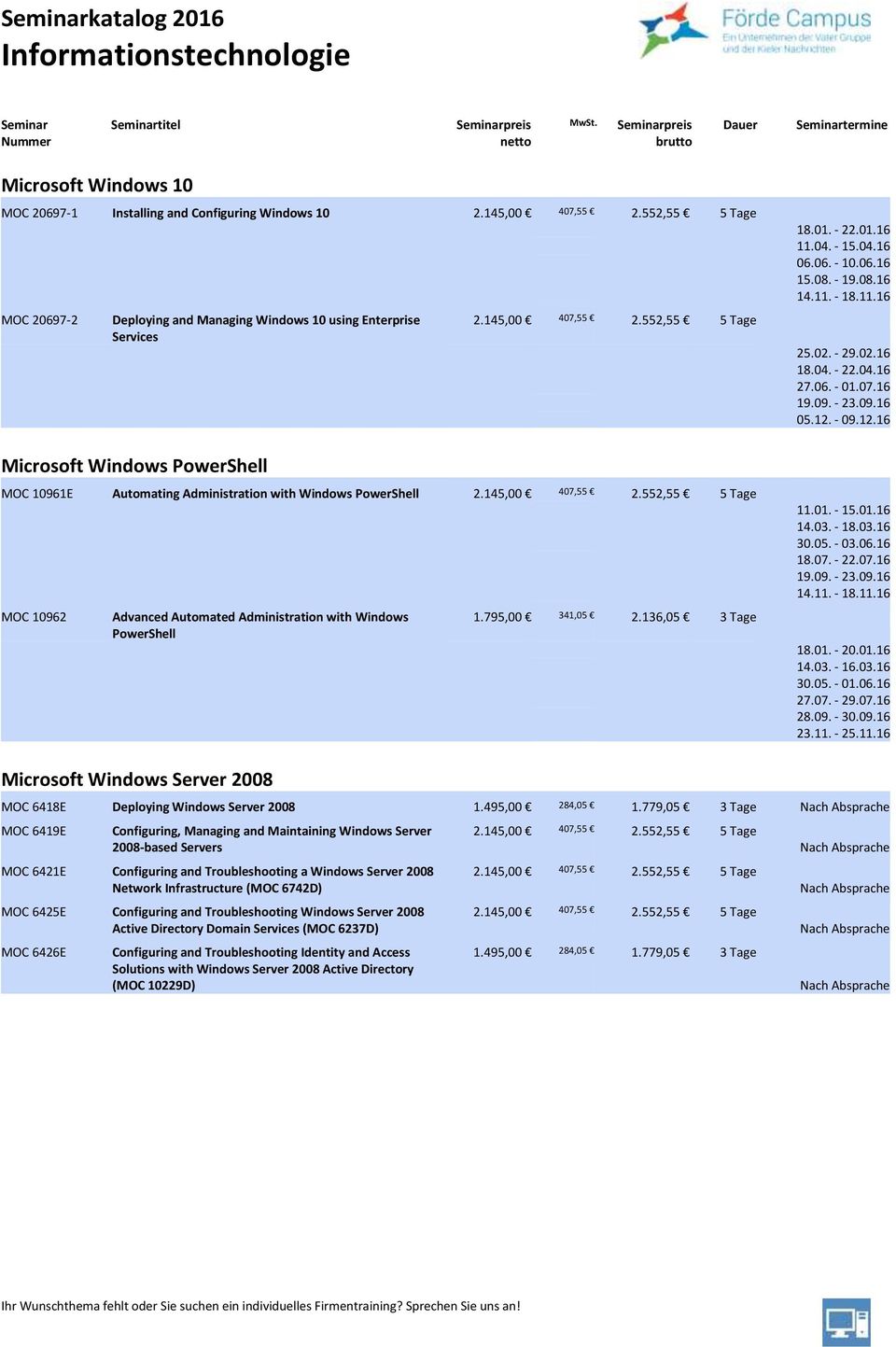 552,55 5 Tage MOC 10961E Automating Administration with Windows PowerShell 2.145,00 407,55 2.552,55 5 Tage MOC 10962 Advanced Automated Administration with Windows PowerShell 1.795,00 341,05 2.