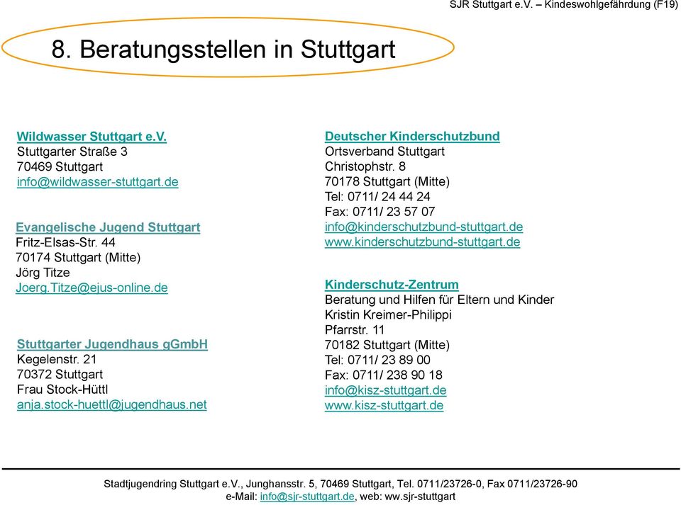 21 70372 Stuttgart Frau Stock-Hüttl anja.stock-huettl@jugendhaus.net Tel: 0711/ 24 44 24 Fax: 0711/ 23 57 07 info@kinderschutzbund-stuttgart.