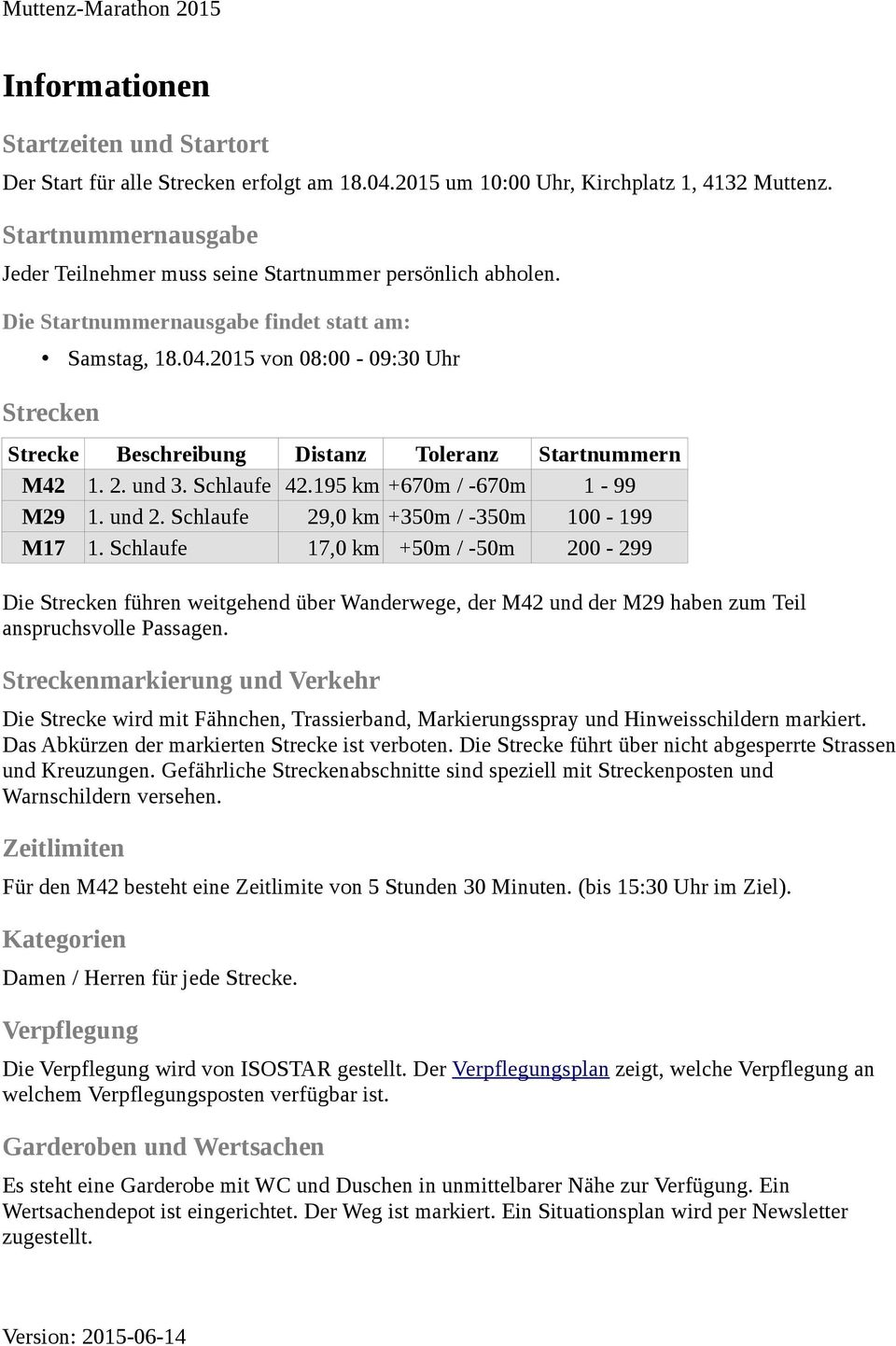 2015 von 08:00-09:30 Uhr Strecken Strecke Beschreibung Distanz Toleranz Startnummern M42 1. 2. und 3. Schlaufe 42.195 km +670m / -670m 1-99 M29 1. und 2. Schlaufe 29,0 km +350m / -350m 100-199 M17 1.