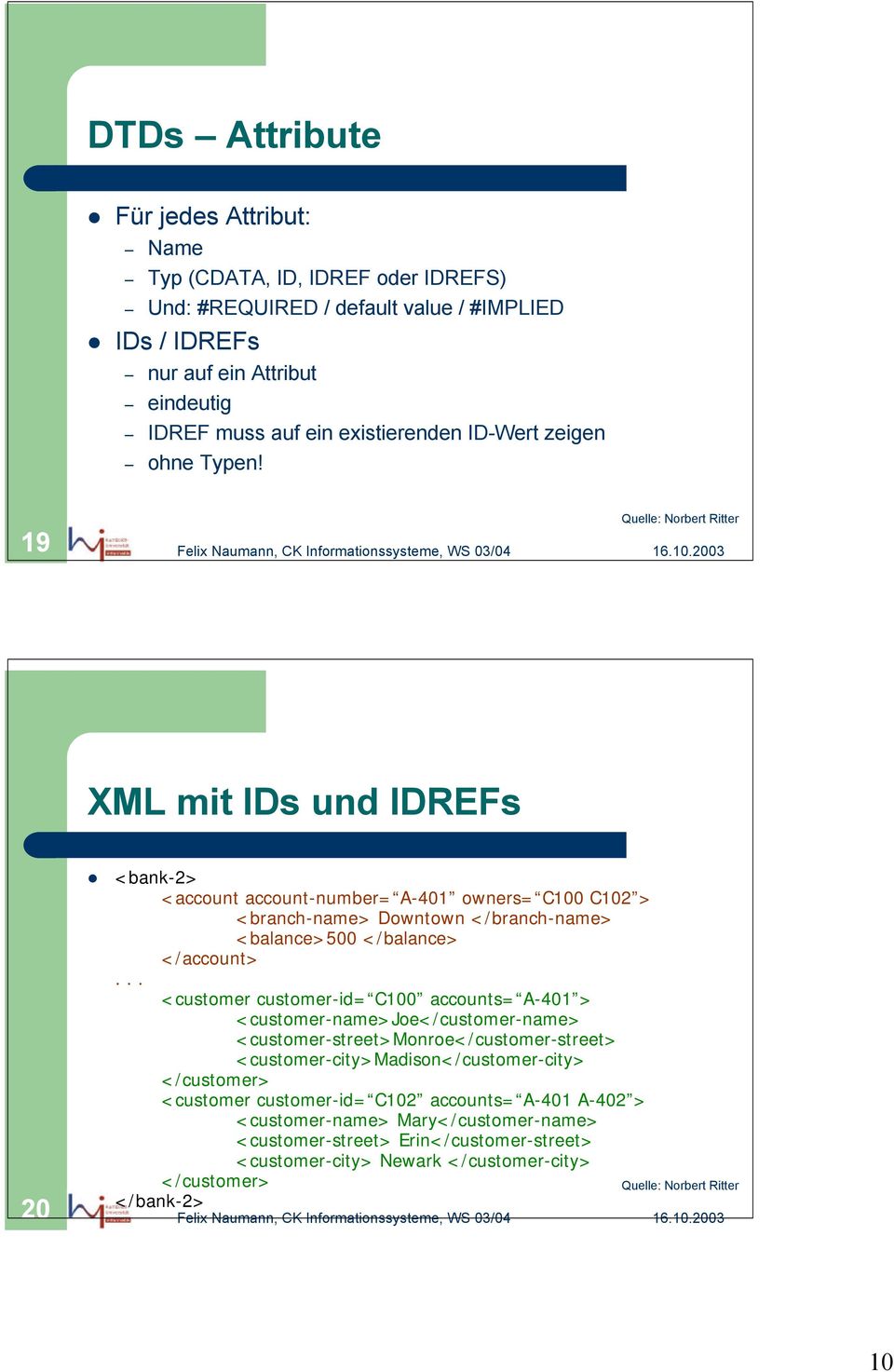 19 XML mit IDs und IDREFs 20 <bank-2> <account account-number= A-401 owners= C100 C102 > <branch-name> Downtown </branch-name> <balance>500 </balance> </account>.
