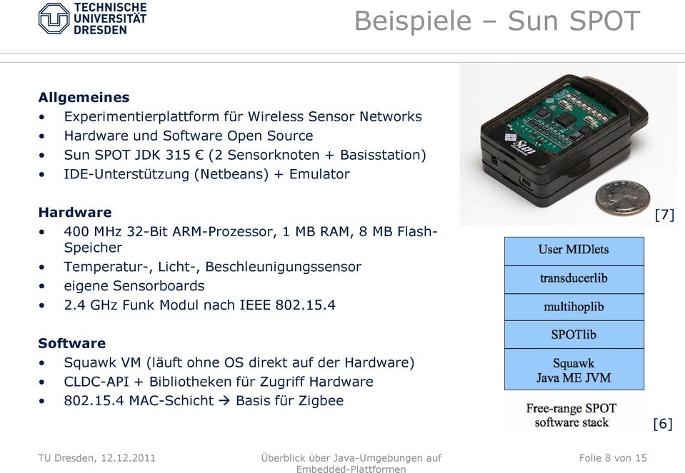 Speicher Temperatur-, Licht-, Beschleunigungssensor eigene Sensorboards 2.4 GHz Funk Modul nach IEEE 802.15.