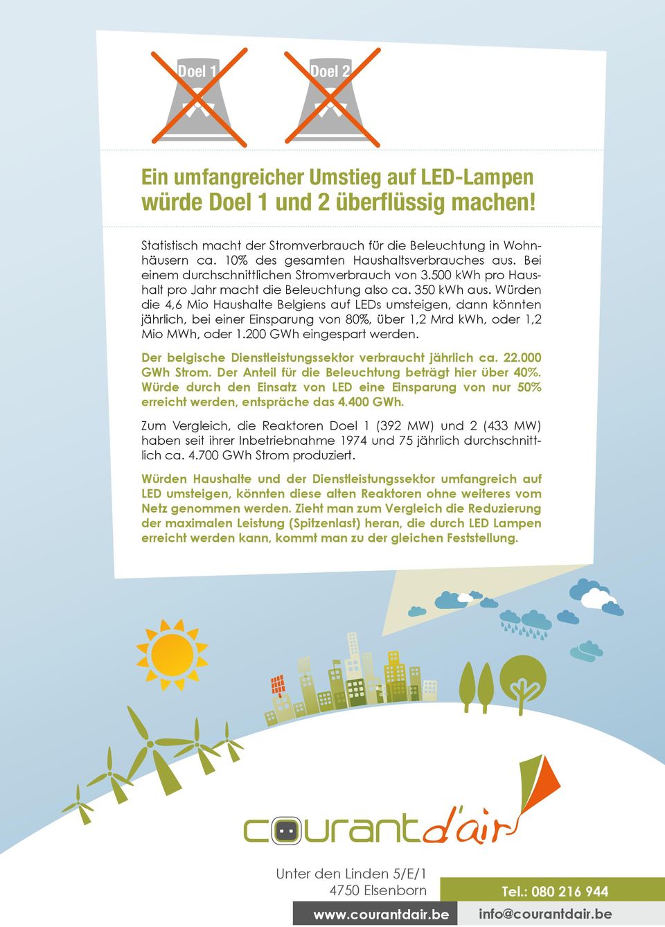 Würden die 4,6 Mio Haushalte Belgiens auf LEDs umsteigen, dann könnten jährlich, bei einer Einsparung von 80%, über 1,2 Mrd kwh, oder 1,2 Mio MWh, oder 1.200 GWh eingespart werden.