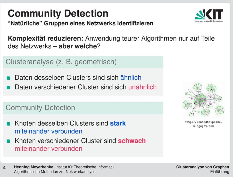 geometrisch) Daten desselben Clusters sind sich ähnlich Daten verschiedener Cluster sind sich unähnlich Community Detection Knoten