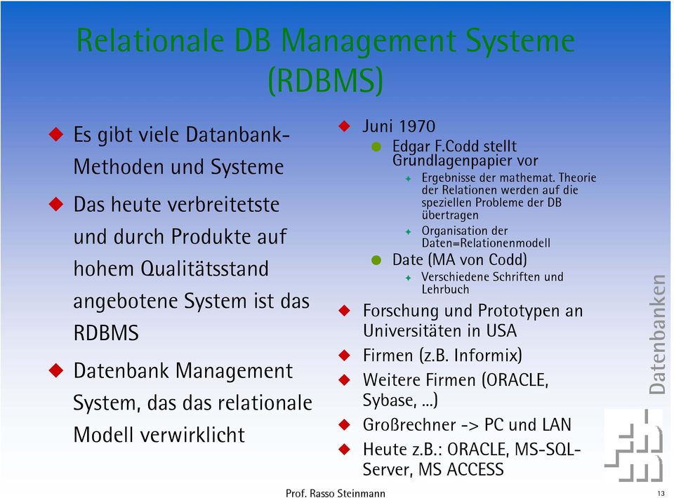 Theorie der Relationen werden auf die speziellen Probleme der DB übertragen Organisation der Daten=Relationenmodell Date (MA von Codd) Verschiedene Schriften und Lehrbuch