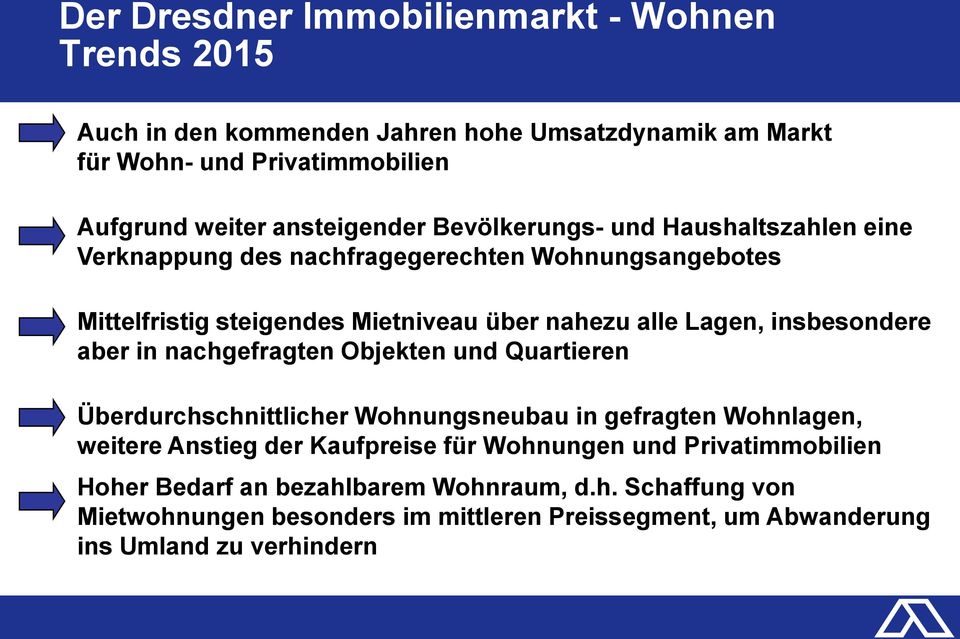 Lagen, insbesondere aber in nachgefragten Objekten und Quartieren Überdurchschnittlicher Wohnungsneubau in gefragten Wohnlagen, weitere Anstieg der Kaufpreise für