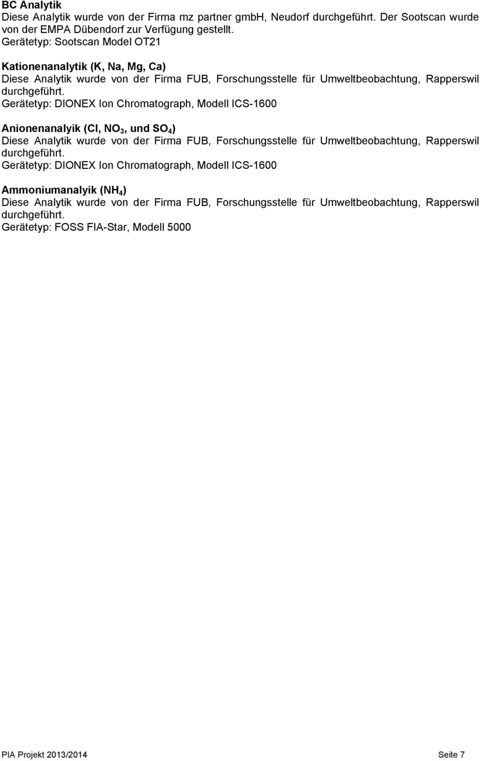 Gerätetyp: DIONEX Ion Chromatograph, Modell ICS-1600 Anionenanalyik (Cl, NO 3, und SO 4 ) Diese Analytik wurde von der Firma FUB, Forschungsstelle für Umweltbeobachtung, Rapperswil