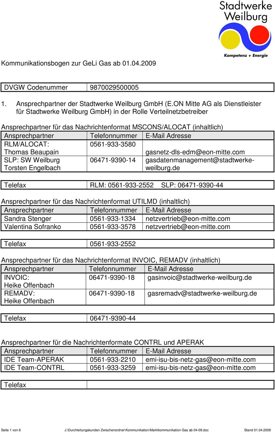 0561-933-3580 gasnetz-dls-edm@eon-mitte.com SLP: SW Weilburg Torsten Engelbach 06471-9390-14 gasdatenmanagement@stadtwerkeweilburg.