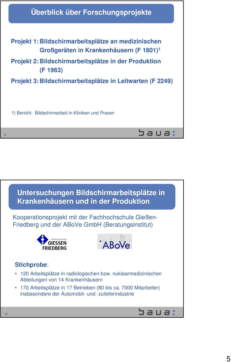 Krankenhäusern und in der Produktion Kooperationsprojekt mit der Fachhochschule Gießen- Friedberg und der ABoVe GmbH (Beratungsinstitut) Stichprobe: 120 Arbeitsplätze in