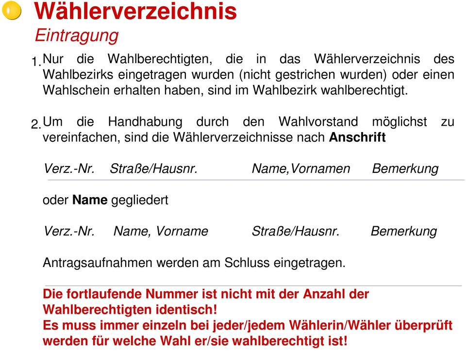 wahlberechtigt. 2. Um die Handhabung durch den Wahlvorstand möglichst zu vereinfachen, sind die Wählerverzeichnisse nach Anschrift Verz.-Nr. Straße/Hausnr.