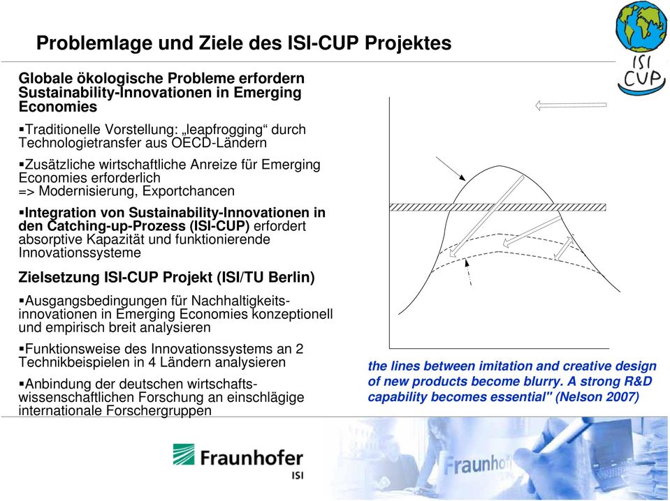 (ISI-CUP) erfordert absorptive Kapazität und funktionierende Innovationssysteme Zielsetzung ISI-CUP Projekt (ISI/TU Berlin) Ausgangsbedingungen für Nachhaltigkeitsinnovationen in Emerging Economies