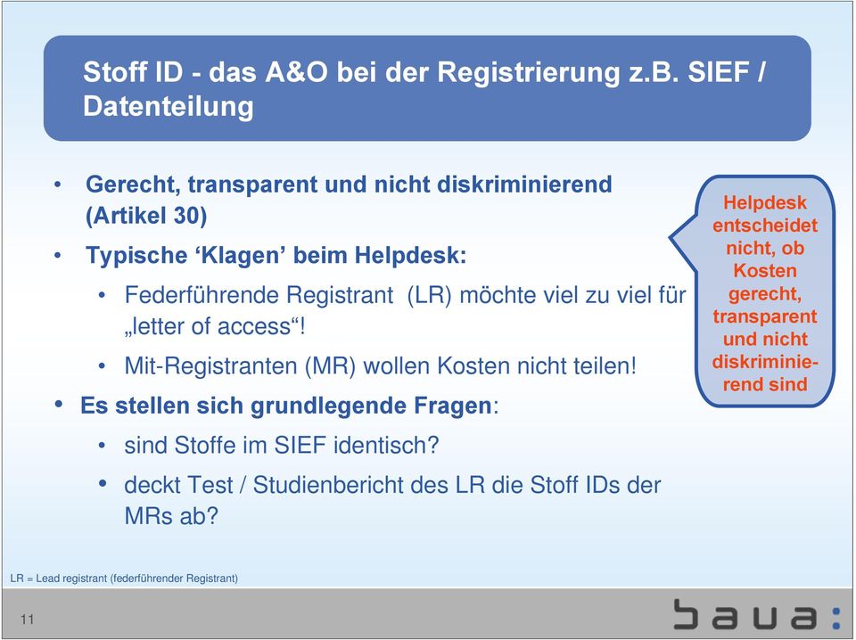 SIEF / Datenteilung Gerecht, transparent und nicht diskriminierend (Artikel 30) Typische Klagen beim Helpdesk: Federführende Registrant