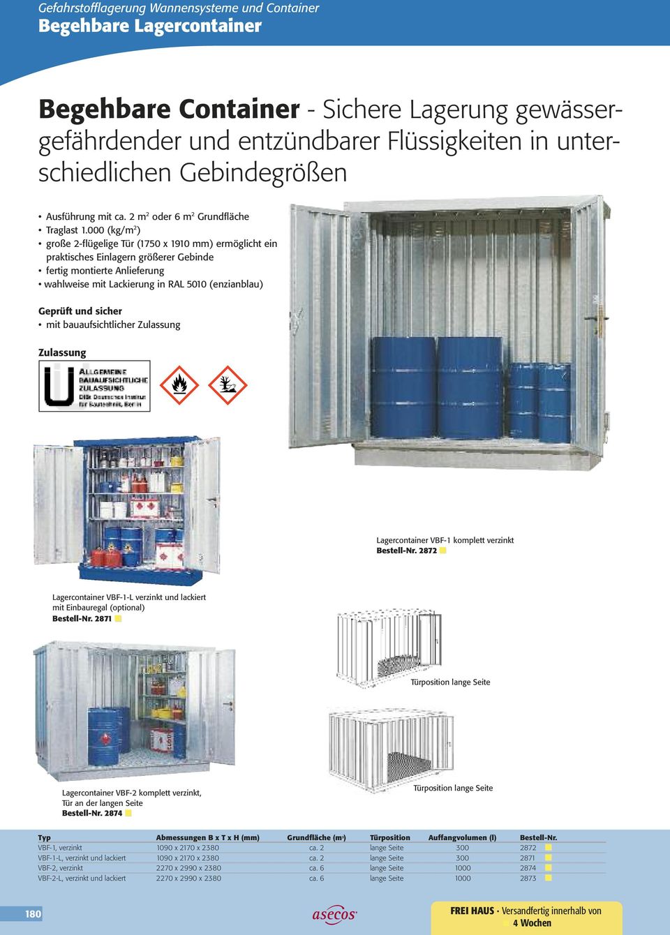 2872 n Lagercontainer VBF-1-L verzinkt und lackiert mit Einbauregal (optional) Bestell-Nr. 2871 n Lagercontainer VBF-2 komplett verzinkt, Tür an der langen Seite Bestell-Nr.