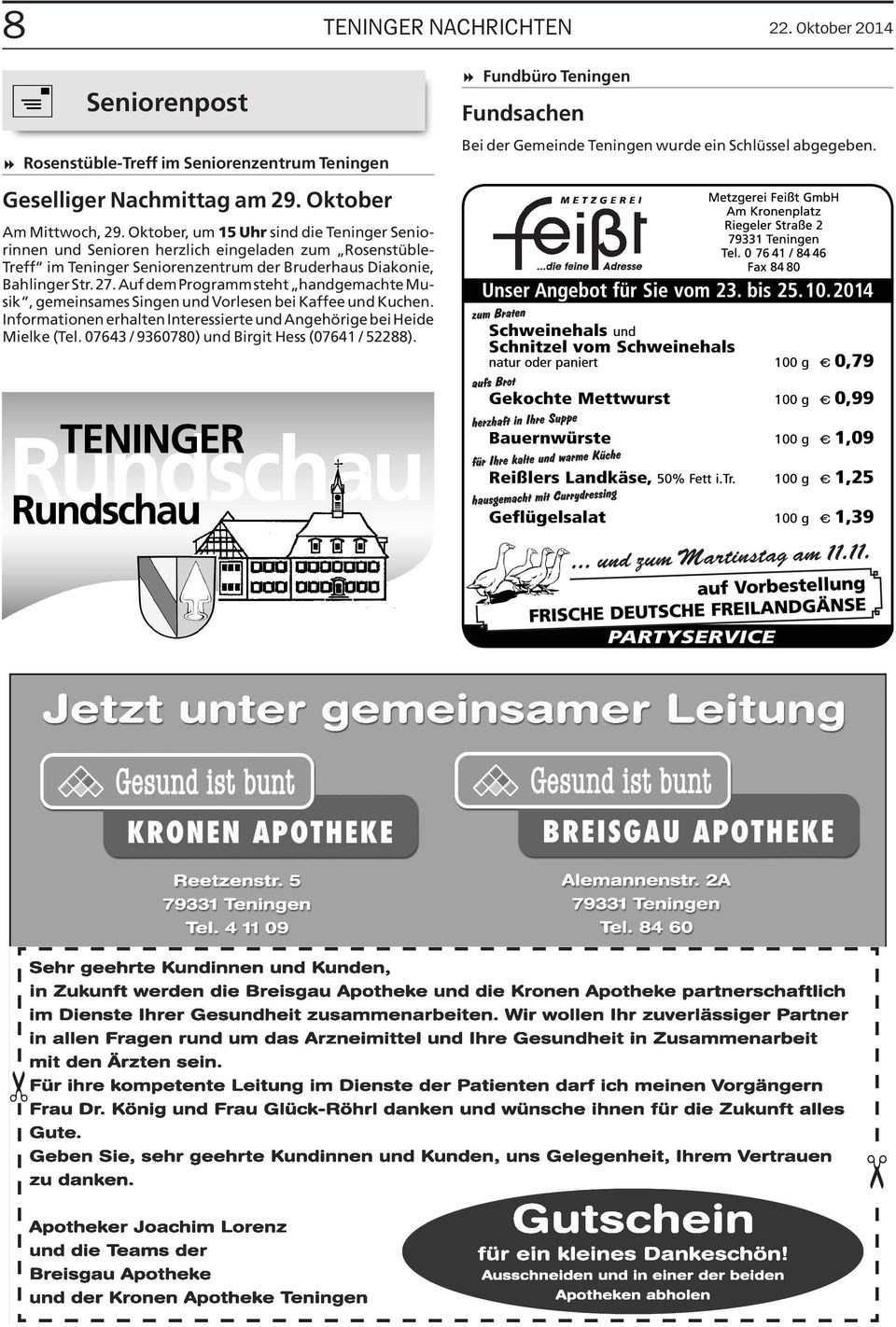 Oktoer, um 15 Uhr sind die Teninger Seniorinnen und Senioren herzlich eingeladen zum RosenstüleTreff im Teninger Seniorenzentrum der Bruderhaus Diakonie,