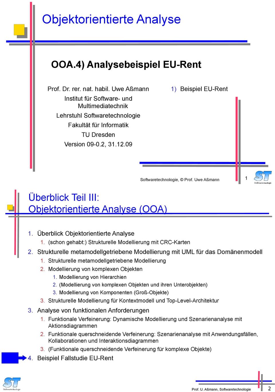 Uwe Aßmann 1 Überblick Teil III: Objektorientierte Analyse (OOA) 1. Überblick Objektorientierte Analyse 1. (schon gehabt:) Strukturelle Modellierung mit CRC-Karten 2.